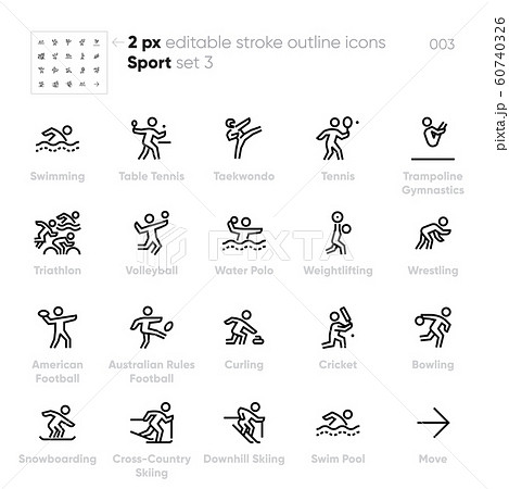 Sport and Fitness Activity outline vector icons. Swimming, Tennis, Triathlon, Bowling, Volleyball, Water Polo 60740326
