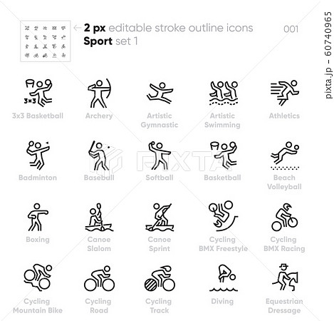 Sport and Games outline vector icons. Basketball, Artistic Gymnastic, Swimming, Baseball, Beach Volleyball, Boxing, Canoe Slalom, Cycling BMX Racing, Mountain Bike, Equestrian Dressage 60740965