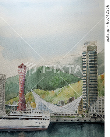 神戸ハーバーランドのスケッチ ポートタワー 神戸の夜景のイラスト素材