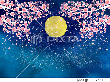 夜桜 桜 花見 桜まつり お花見 4月 春 早春 桜吹雪 フレーム 満開のイラスト素材