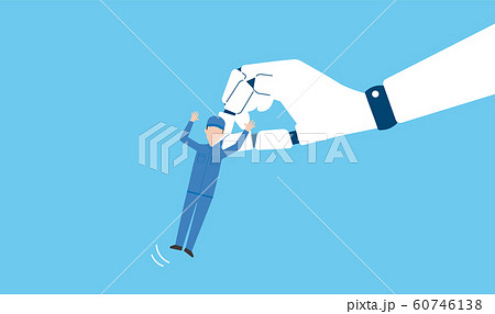 つまみ出される現場社員、RPA、ロボティクスと解雇のイメージ、ベクターイラストレーション つまみ出される現場社員、RPA、ロボティクスと解雇のイメージ、ベクターイラストレーション 60746138