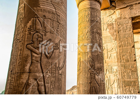 Ruins and Hieroglyphs in the famous Temple of Kom Ombo in Egypt on nile river bank 60749779
