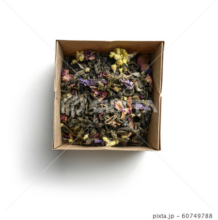 Green tea with aromatic additives. Top view on white background 60749788