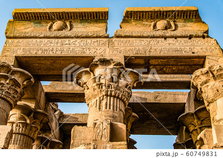 Ruins and Hieroglyphs in the famous Temple of Kom Ombo in Egypt on nile river bank 60749831