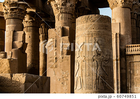 Ruins and Hieroglyphs in the famous Temple of Kom Ombo in Egypt on nile river bank Ruins and Hieroglyphs in the famous Temple of Kom Ombo in Egypt on nile river bank 60749851