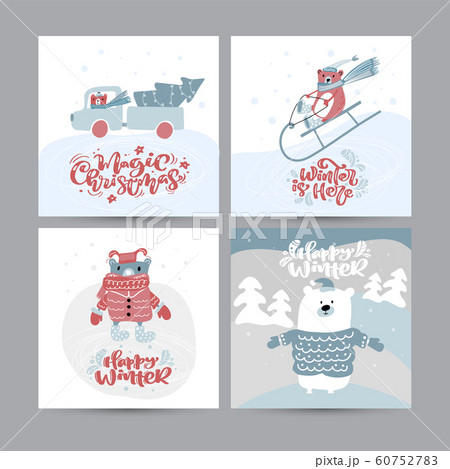 Set of vector Cute Christmas Greeting Cards. Vintage calligraphy handwritten texts. Banner scandinavian doodle illustration. Xmas isolated objects 60752783