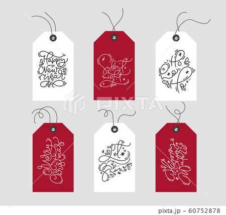 Set of hand drawn doodle scandinavian Christmas element tags xmas texts. Collection holiday vector gift tags for design, web, poster, greeting card, banner 60752878