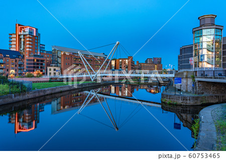 Footbridge along the River Aire in the evening 60753465