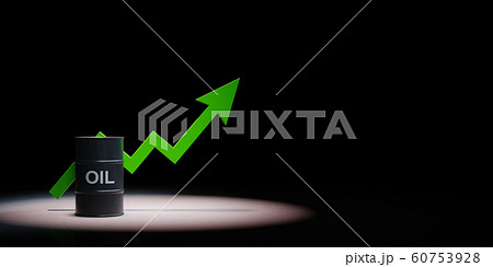 Oil Barrel With Rising Arrow Chart Spotlighted on Black Background 60753928