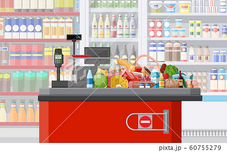Supermarket store interior with goods. Supermarket store interior with goods. 60755279