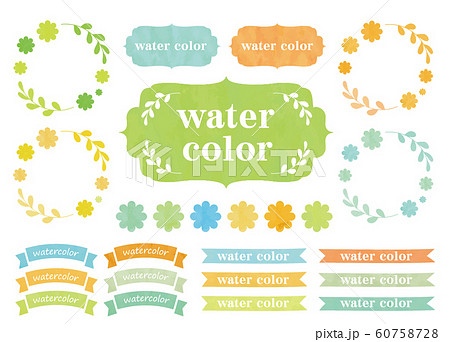 彩フレーム リボンセット 花と葉っぱのリースのイラスト素材