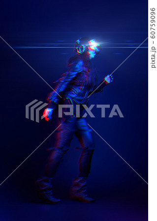 Woman wearing virtual reality headset. Image with glitch effect 60759096