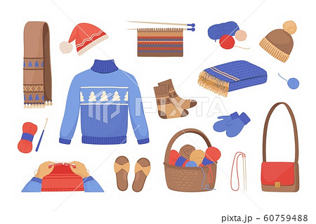 Wool knitting. Cartoon winter scarves mittens sweaters hats and socks, knitted clothes and accessories. Vector wool yarn and threads 60759488