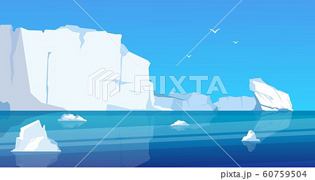 Arctic landscape. Glaciers and icebergs in blue frozen ocean, cartoon ice mountains and melting ice. Vector North pole sea scene 60759504