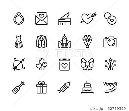 Wedding line icons. Marriage ceremony and honeymoon symbols with cake bouquet bride and groom. Vector wedding set 60759549