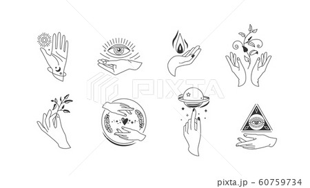 Hands set in simple flat esoteric boho style. Feminine hand logo collection with different symbol like space star planet, floral herb, moon and sun, heart love, eye, fire, drop 60759734