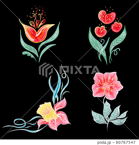 Set of 4 summer colorful tropical flowers. Floral 60767547