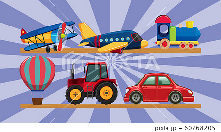 Many transportation toys on wooden shelves 60768205