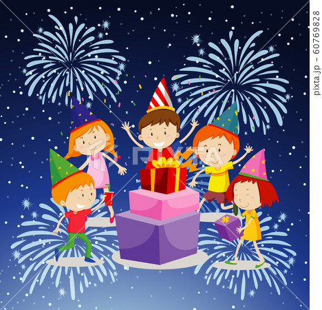 Happy children with presents and fireworks 60769828