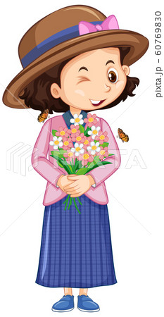 Girl with flowers and butterfly on white 60769830