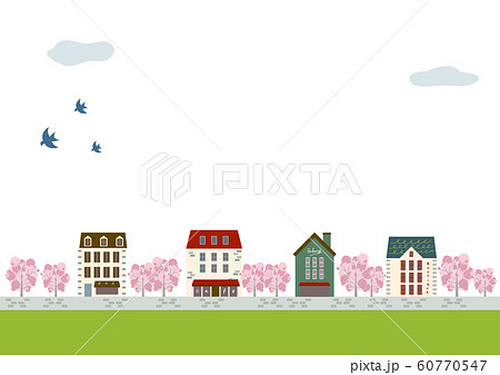 風景 おしゃれな街並み 桜並木のイラスト素材