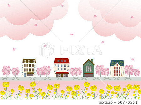 風景 おしゃれな街並み 桜吹雪と菜の花のイラスト素材