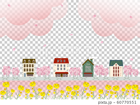 風景 おしゃれな街並み 桜吹雪と菜の花のイラスト素材