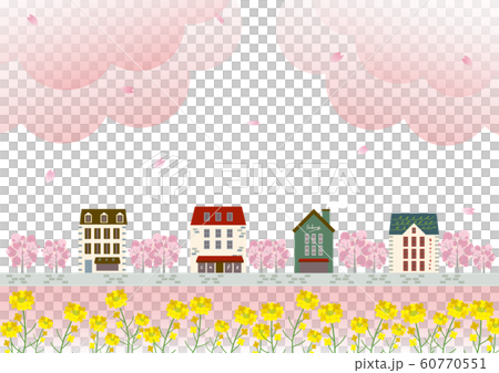 風景 おしゃれな街並み 桜吹雪と菜の花のイラスト素材