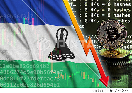 Lesotho flag and falling red arrow on bitcoin Lesotho flag and falling red arrow on bitcoin 60772078