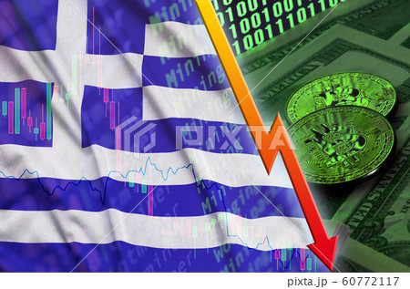 Greece flag and cryptocurrency falling trend with 60772117