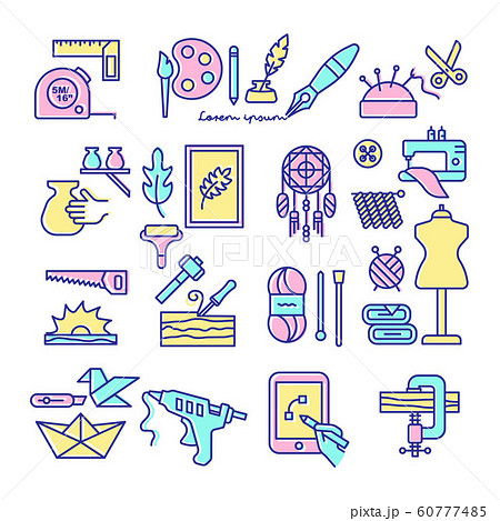 set of craft work icons. art and craft sign, logo, symbol, icons. carpentry icon. poetry icon. sewing, crafting handmade icon.origami. measuring. dreamcatcher. object supply icon set. 60777485