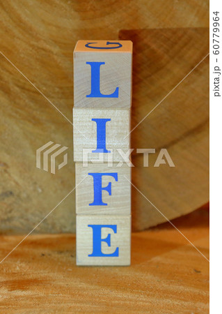 Life. Wooden cubes with blue letters 60779964