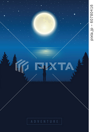 girl with raised arm enjoy the full moon by lake girl with raised arm enjoy the full moon by lake 60780416