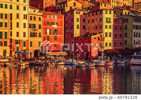 Sunset in Camogli town, Italy. 60781326