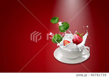 Strawberry and milk in White mugs on Red Strawberry and milk in White mugs on Red 60781739