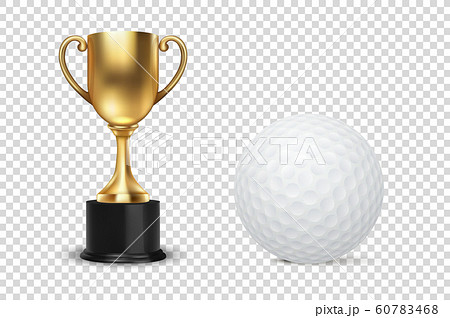 Realistic Vector 3d Golden Champion Cup Icon with Golf Ball Set Isolated on Transparent Background. Design Template of Championship Trophy. Sport Tournament Award, Gold Winner Cup and Victory Concept 60783468