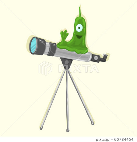 The alien is sitting on a telescope. Space exploration. Vector illustration The alien is sitting on a telescope. Space exploration. Vector illustration 60784454