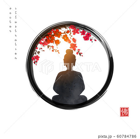 Silhouette of meditating Buddha and sakura tree in blossom in black enso zen circle. Traditional Japanese ink wash painting sumi-e. Hieroglyph - Buddha Silhouette of meditating Buddha and sakura tree in blossom in black enso zen circle. Traditional Japanese ink wash painting sumi-e. Hieroglyph - Buddha 60784786