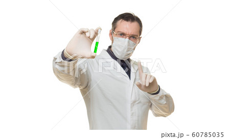 Doctor holding test tube with virus blood sample and keeps finger in warning sign. Healthcare and medical concept 60785035