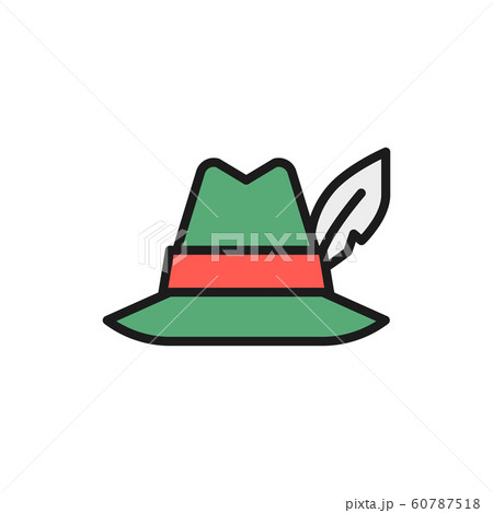 Hat with feather, hunter headdress flat color line icon. 60787518
