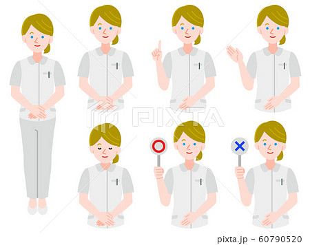 看護師 制服 白人 女性イラスト 線なし セットのイラスト素材