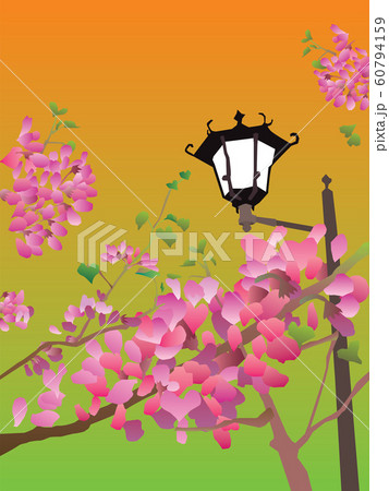 ピンクの花と街灯のある公園のレトロな風景イラストのイラスト素材