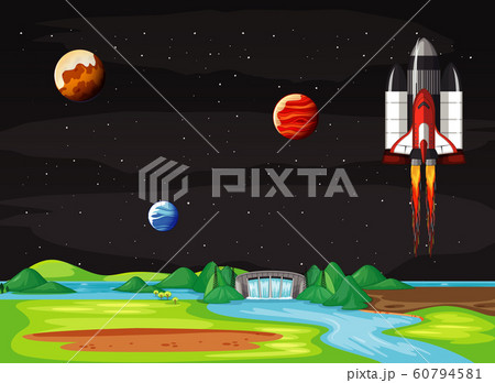 Scene with spaceship flying in the sky 60794581