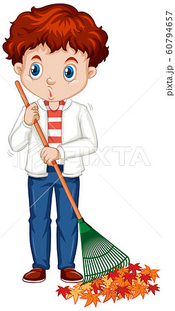 Boy raking leaves on white background Boy raking leaves on white background 60794657