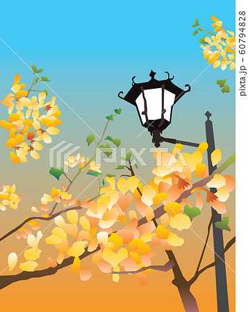 黄色い花と街灯のある公園のレトロな風景イラストのイラスト素材