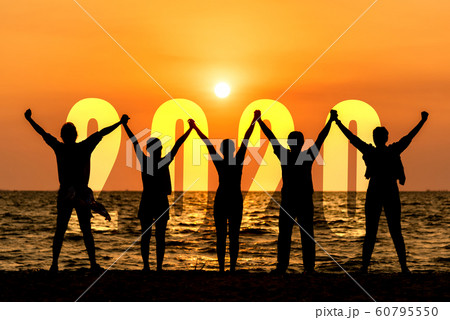 Silhouette happy business teamwork raise hands Silhouette happy business teamwork raise hands 60795550