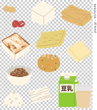 12種類の豆類・大豆製品を並べた主線なしイラスト 60795646