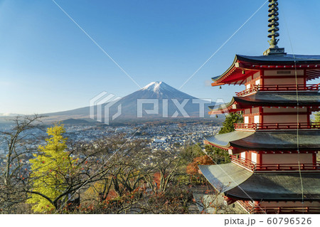 五重塔の背後に見える富士山。山梨県/富士吉田市/日本 五重塔の背後に見える富士山。山梨県/富士吉田市/日本 60796526