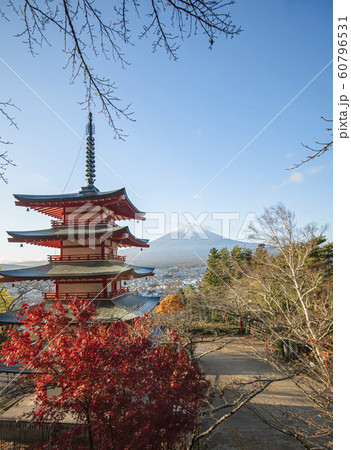 五重塔の背後に見える富士山。山梨県／富士吉田市／日本 60796531