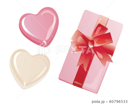 バレンタインデーのハートのチョコレートとリボンのついたピンクの箱のイラスト素材